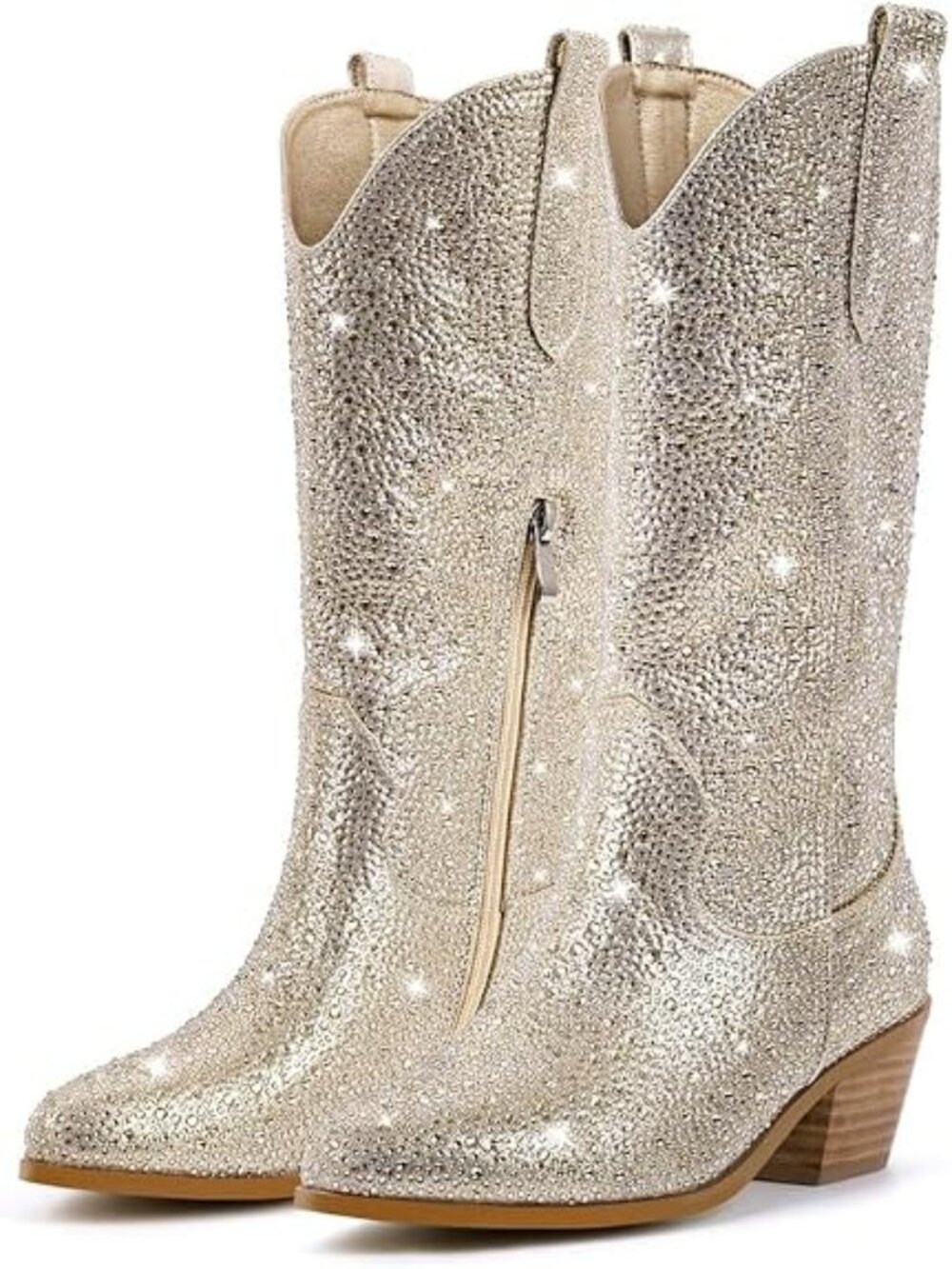 👢Women's Sequins Gold Sparkly Rhinestones Cowgirl Style Boots Calf High Boots